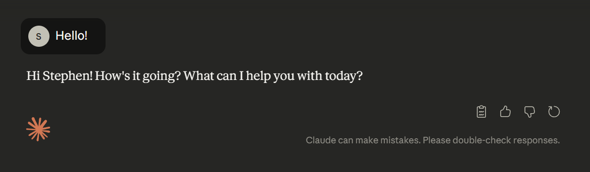 A chat interface: the user says 'Hello!' and the assistant replies warmly and asks how it can help.