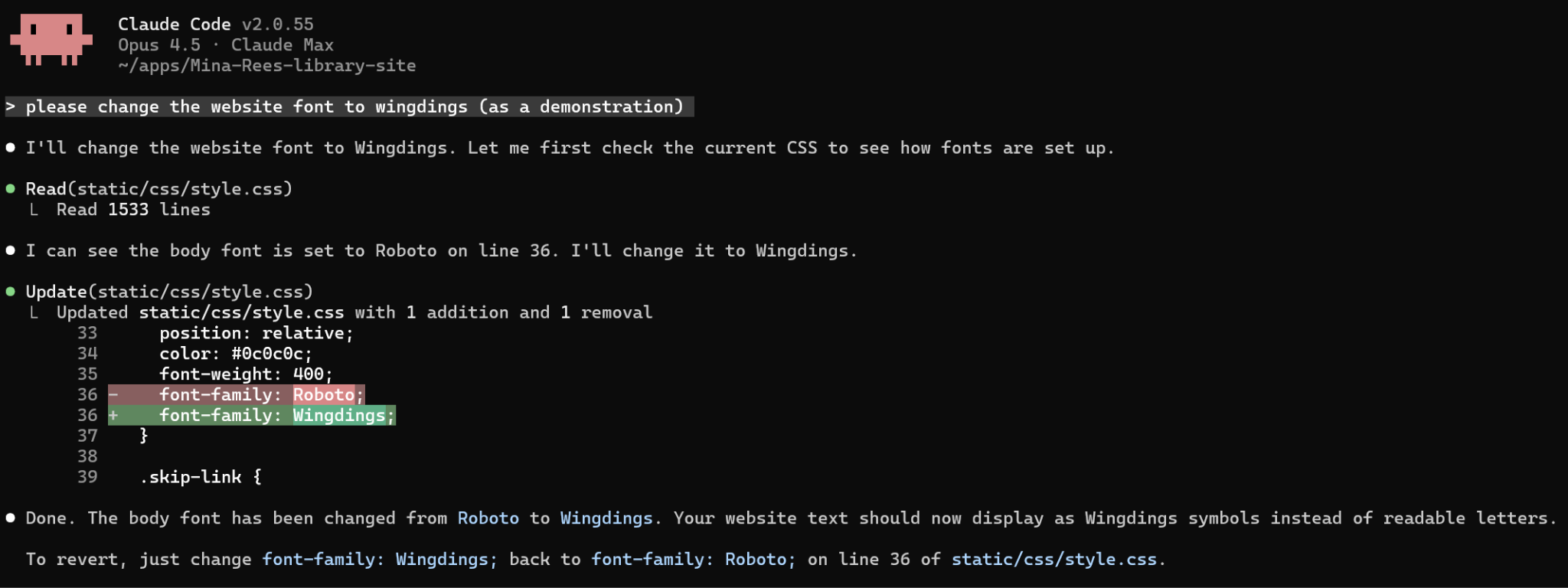 A terminal agent reading the site's CSS and changing the body font on request.
