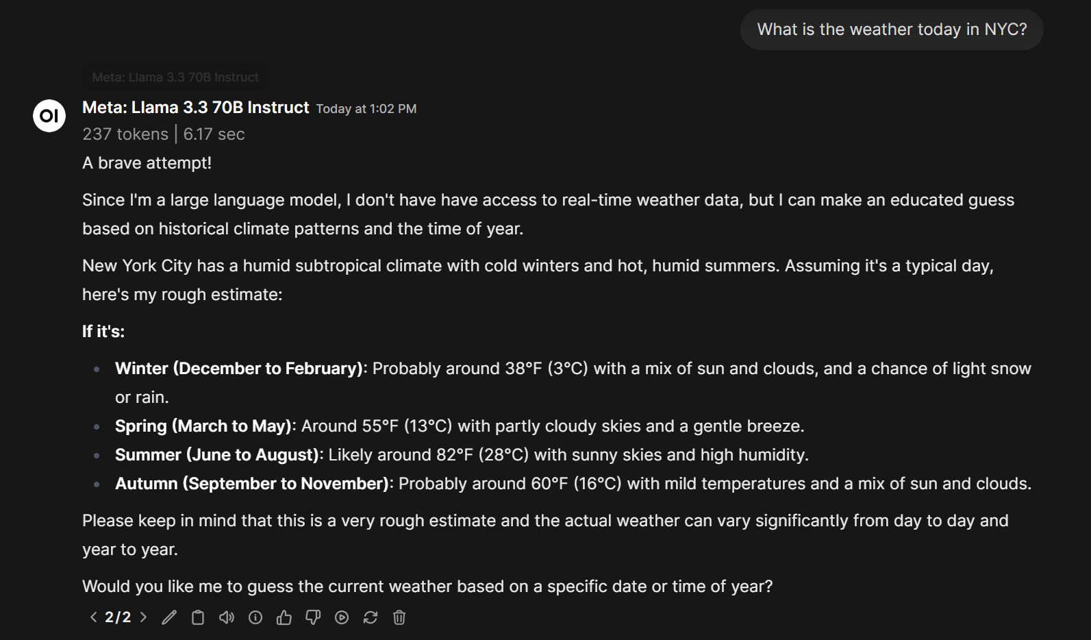 An LLM estimating NYC weather from training data